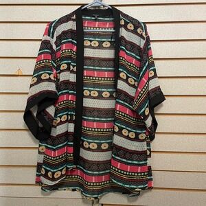 Monteau Womens Kimono Cardigan Geometric Print Black Pink Teal Yellow‎ Size L